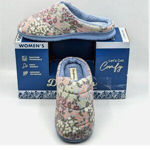 Dearfoams Women's Size Medium (7/8) Indoor/Outdoor Slippers, Blue Floral